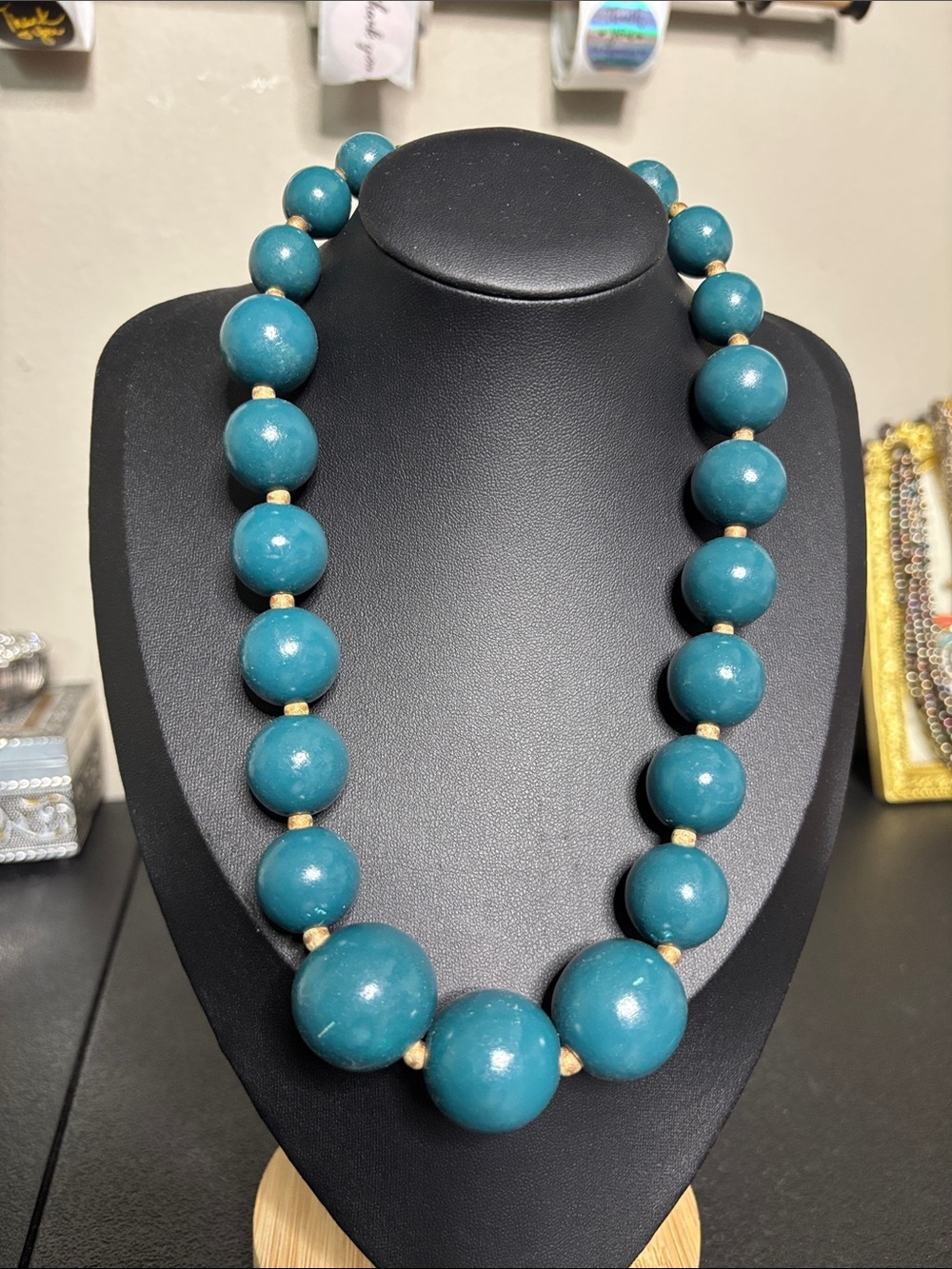 Vintage Express Teal Boho Wood Bead Statement Necklace Gold Accents